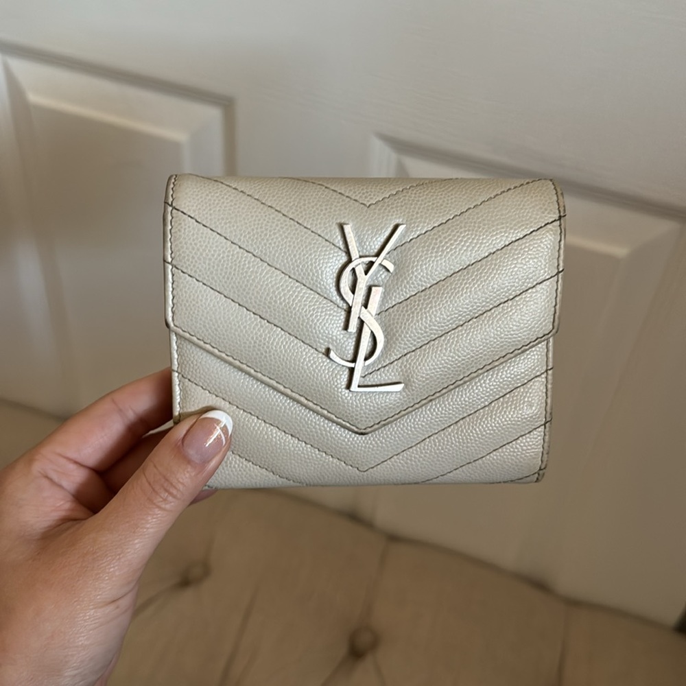 YSL Cassandre Matelasse Compact Wallet White Silver